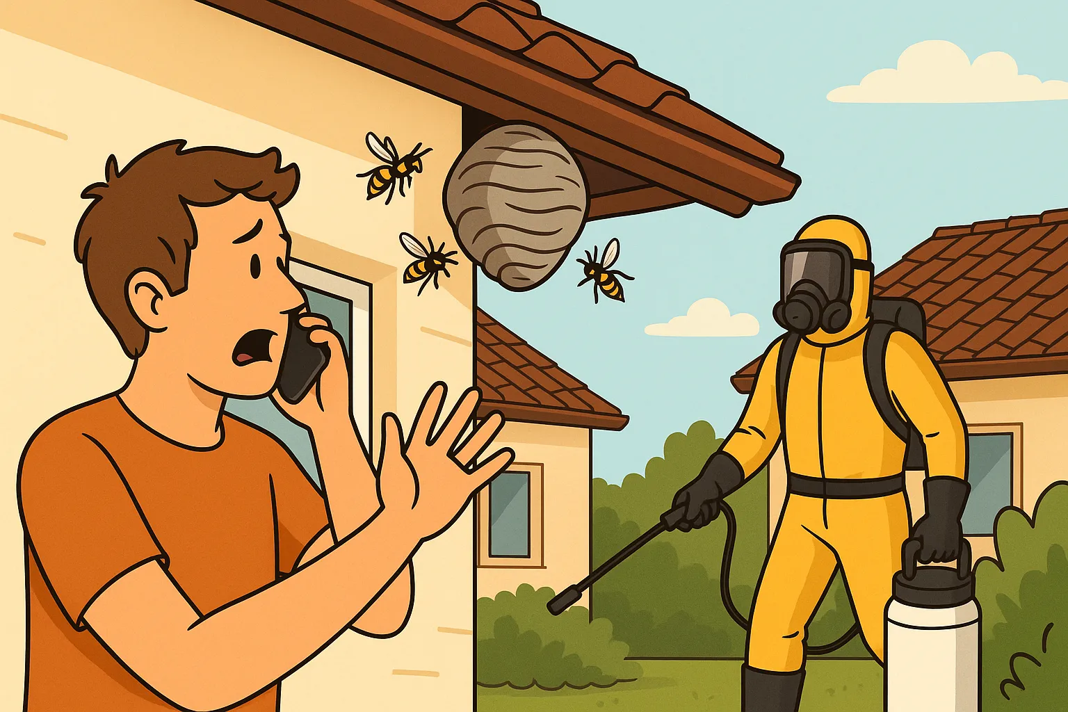 Homme inquiet appelant un professionnel en tenue de protection pour un nid de guêpe sous un toit — nid de guepe qui appeler en cas d’urgence.